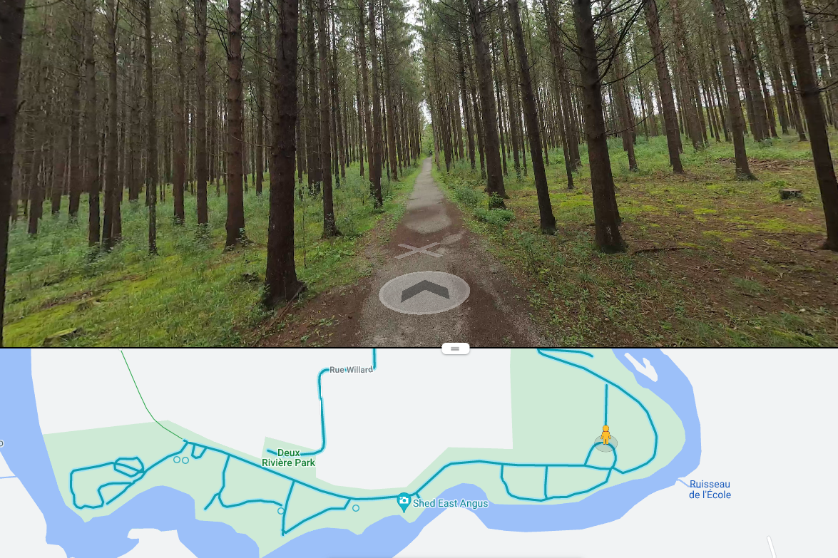 Capture d'écran de la cartographie Google Street View de sentier pédestre du Parc des Deux Rivières de la municipalité d'East Angus